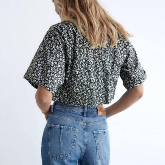 Zara Black White Floral Babydoll Crop Top MEDIUM - Picture 2 of 10